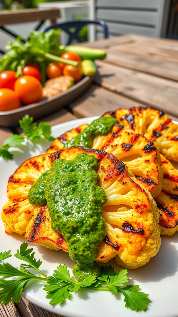 Grilled Cauliflower Steaks with Zesty Chimichurri Sauce Grilled cauliflower steaks with chimichurri sauce on a rustic table, garnished with fresh herbs.